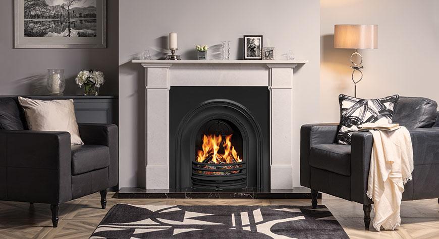 Stovax Classic Arched Fireplace Insert in Matt Black, with Claremont Stone Mantel surround