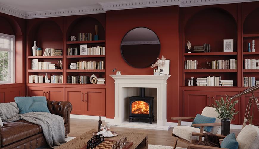 Stovax Huntingdon 40 wood burning stove. Painted cabinetry ideas with fireplace.