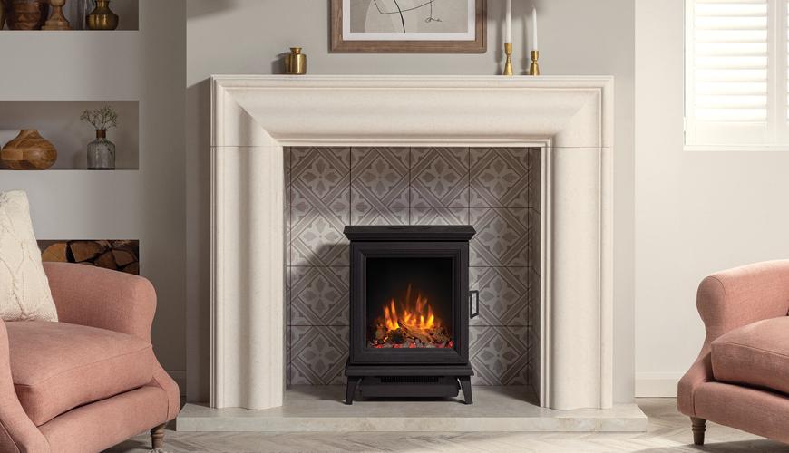 Electric log burner in a mantel. Tiling ideas for a fireplace. Gazco Sheraton 5 electric stove.