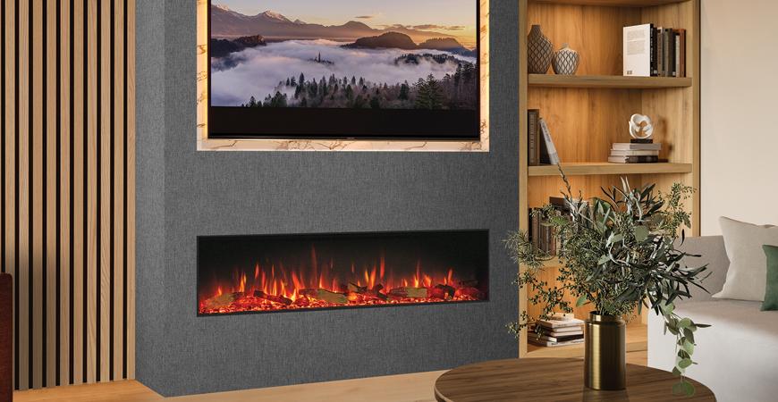 Gazco eStudio 135R electric fire. Media wall with slat wall panelling