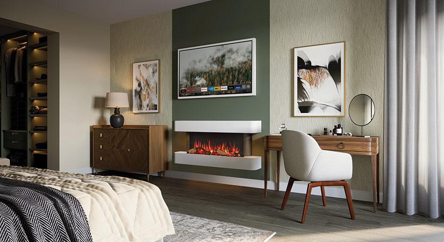 Cosy bedroom featuring the Gazco eStudio Arosa 140 wall mounted electric fire suite